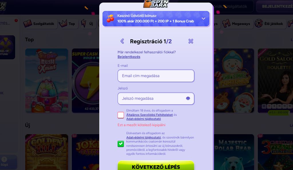 Regisztrálj új Spinbara fiókot email cím és jelszó megadásával