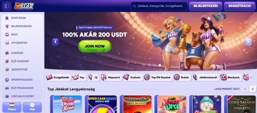 Fedezd fel a Spinbara kaszinó főoldalát játékkategóriákkal és bónuszokkal